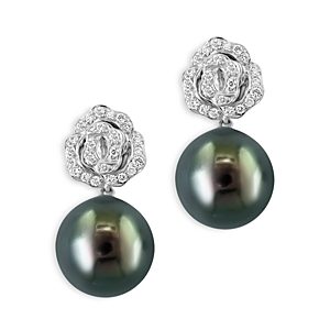 Bloomingdale's Diamond (0.2 ct. t.w) & Black Tahitian Pearl (10 mm) Earrings in 14K White Gold- 4814331