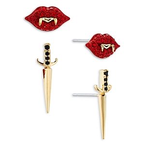 Ajoa by Nadri Spooky Vampire Lips & Dagger Stud Earrings Set in 18K Gold Plated- 4761091