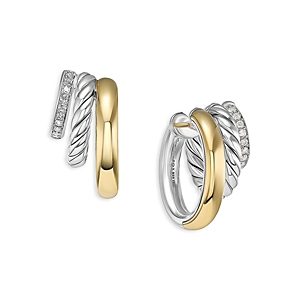 David Yurman Dy Mercer Three Row Huggie Hoop Earrings in Sterling Silver with 18K Yellow Gold and Pave Diamonds- 4726344