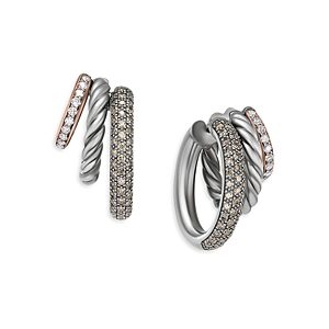 David Yurman 18K Rose Gold & Sterling Silver Mercer Cognac & White Diamond Pave Triple Hoop Earrings- 4726348