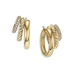 David Yurman Dy Mercer Three Row Huggie Hoop Earrings in 18K Yellow Gold with Pave Diamonds- 4726290