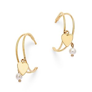 Moon & Meadow 14K Yellow Gold Freshwater Pearl & Polished Heart Dangle Hoop Earrings- 4834147