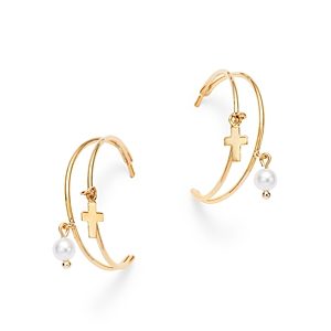 Moon & Meadow 14K Yellow Gold Freshwater Pearl & Polished Cross Dangle Hoop Earrings- 4834146