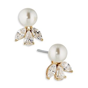 Nadri Chiara Imitation Pearl & Three Stone Stud Earrings- 4768790