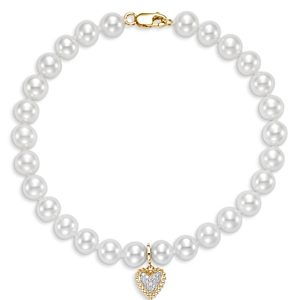 Bloomingdale's Cultured Freshwater Pearl & Diamond Heart Charm Bracelet in 14K White Gold- 4859591