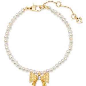 kate spade new york Wrapped In A Bow Cubic Zirconia Bow & Cultured Freshwater Pearl Charm Bracelet in Gold Tone- 4768388