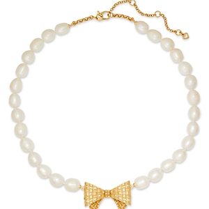 kate spade new york Wrapped In A Bow Pave Bow & Cultured Freshwater Pearl Pendant Necklace in Gold Tone, 17-20- 4768385