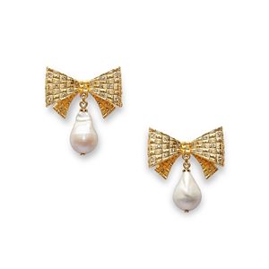kate spade new york Wrapped In A Bow Pave & Cultured Freshwater Pearl Bow Drop Earrings in Gold Tone- 4768386