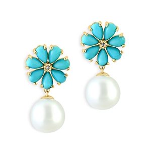 Bloomingdale's Cultured Freshwater Pearl, Turquoise, & Diamond Flower Drop Earrings in 14K Yellow Gold- 4876877