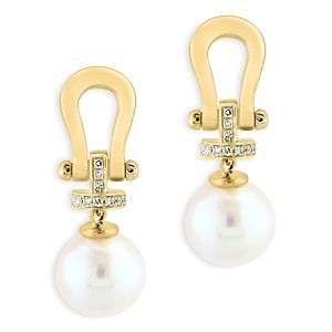 Bloomingdale's Cultured Freshwater Pearl & Diamond Buckle Style Drop Earrings in 14K Yellow Gold- 4859562