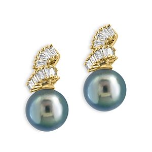 Bloomingdale's Black Tahitian Pearl & Diamond Baguette Swirl Stud Earrings in 14K Yellow Gold- 4876880