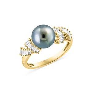 Bloomingdale's Black Tahitian Pearl & Diamond Baguette Ring in 14K Yellow Gold- 4876885