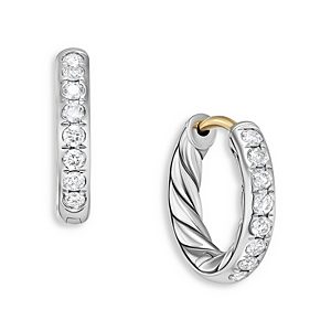 David Yurman Sculpted Cable Huggie Hoop Earrings in Sterling Silver with Diamonds- 4726343