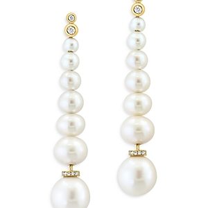 Bloomingdale's Freshwater Pearl & Diamond Graduated Linear Drop Earrings in 14K Yellow Gold- 4876878