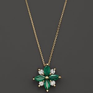 Emerald and Diamond Flower Pendant Necklace in 14K Yellow Gold, 18 - 100% Exclusive- 1249983