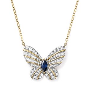 Diamond and Blue Sapphire Butterfly Pendant Necklace in 14K Yellow Gold, 17 - 100% Exclusive- 2665449