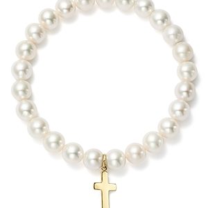 Bloomingdale's Cultured Freshwater Pearl Cross Charm Stretch Bracelet in 14K Yellow Gold - 100% Exclusive- 2745234