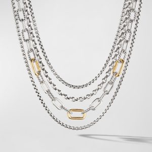 Four Row Chain Bib Necklace in Silver with Gold, 8.5mm- sku180980483