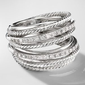 Crossover Wide Ring with Diamonds and Silver, 18mm- sku185000054
