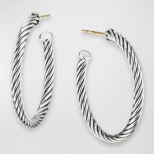 Sculpted Cable Hoop Earrings in Silver, 3mm, 1"L- sku183061849
