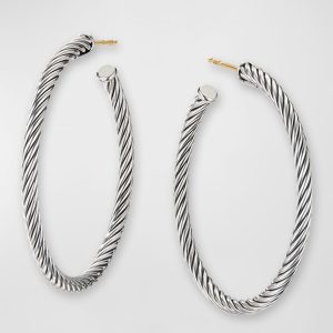 Sculpted Cable Hoop Earrings in Silver, 3mm, 1.5"L- sku183061777