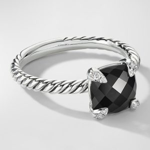 Chatelaine Cushion Ring with Gemstone and Diamonds in Silver, 8mm- sku191010511