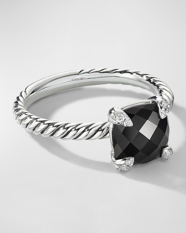 Chatelaine Cushion Ring with Gemstone and Diamonds in Silver, 8mm- sku191010511