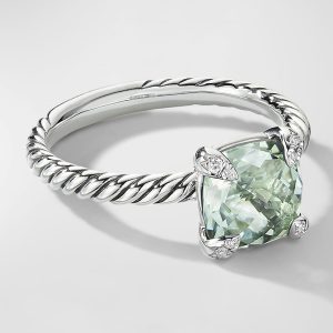 Chatelaine Cushion Ring with Gemstone and Diamonds in Silver, 8mm- sku191010518