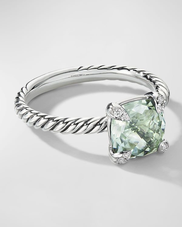 Chatelaine Cushion Ring with Gemstone and Diamonds in Silver, 8mm- sku191010518