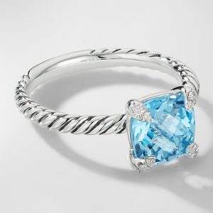 Chatelaine Cushion Ring with Gemstone and Diamonds in Silver, 8mm- sku191010524