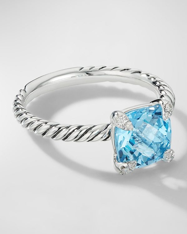 Chatelaine Cushion Ring with Gemstone and Diamonds in Silver, 8mm- sku191010520