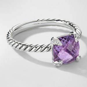 Chatelaine Cushion Ring with Gemstone and Diamonds in Silver, 8mm- sku191010529