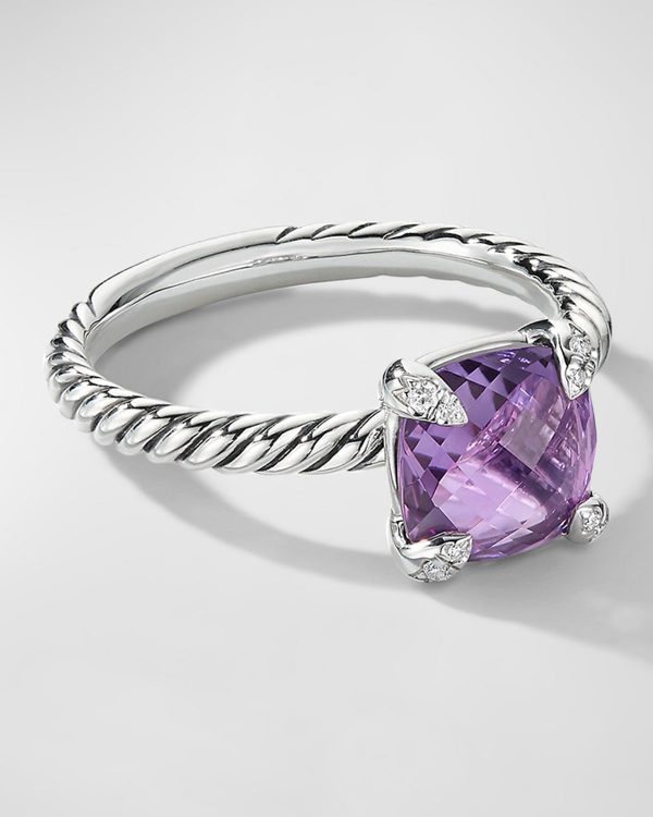 Chatelaine Cushion Ring with Gemstone and Diamonds in Silver, 8mm- sku191010529