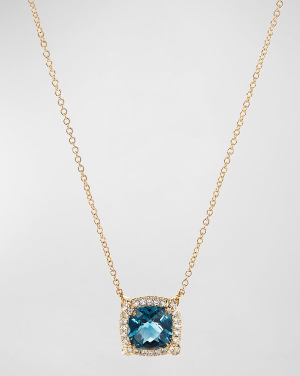 Petite Chatelaine Pave Bezel Pendant Necklace in 18K Yellow Gold with Hampton Blue Topaz- sku193250022