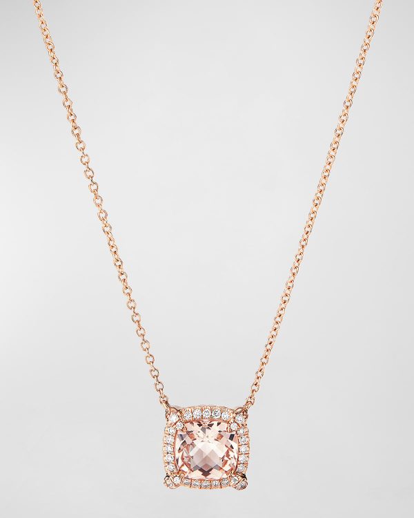 Petite Chatelaine Pave Bezel Pendant Necklace in 18K Yellow Gold with Morganite- sku193250025