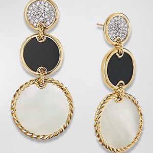 DY Elements Triple Drop Earrings in 18K Yellow Gold with Mother-of-Pearl, Black Onyx & Pave Diamonds- sku202100034