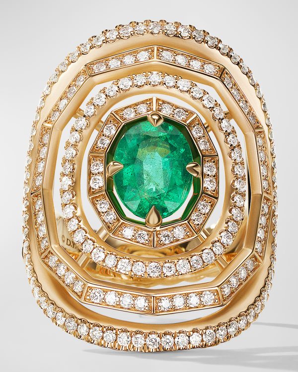 Stax Full Pave Statement Ring with Emerald and Diamonds, Size 7- sku205420004