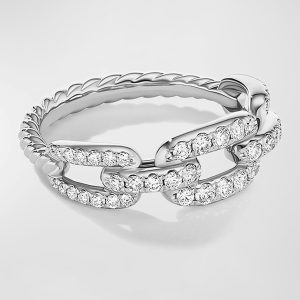 7mm Stax Chain Link Ring with Diamonds in 18k White Gold, Size 7- sku205930004