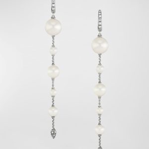 Pearl and Pave Drop Earrings with Diamonds in Silver, 10mm, 3.45"L- sku210830988