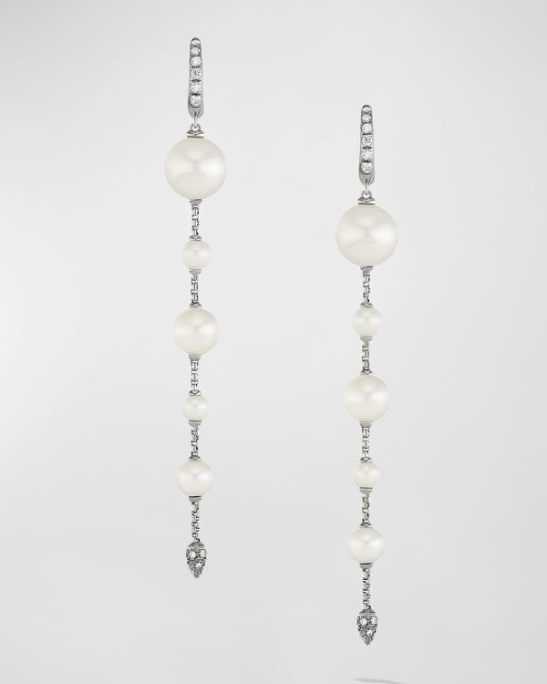 Pearl and Pave Drop Earrings with Diamonds in Silver, 10mm, 3.45"L- sku210830988