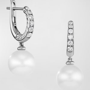 Pearl and Pave Drop Earrings with Diamonds in Silver, 9mm, 0.6"L- sku210840648