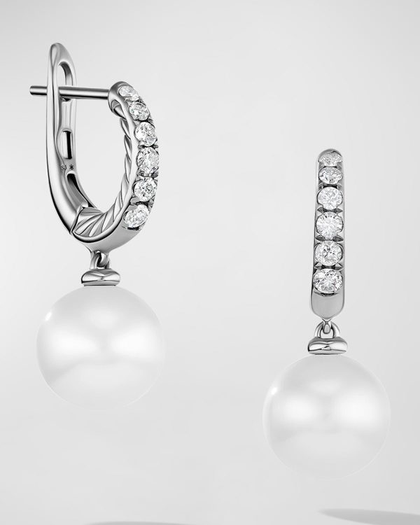 Pearl and Pave Drop Earrings with Diamonds in Silver, 9mm, 0.6"L- sku210840648