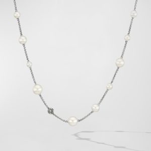 Pearl and Pave Necklace with Diamonds in Silver, 2mm- sku210840629