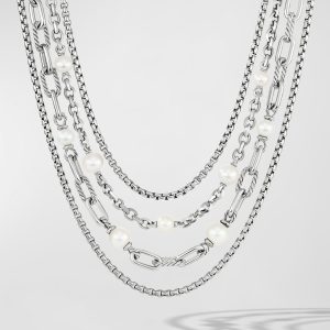 DY Madison Multi Row Chain Necklace with Pearls in Silver, 10.5mm, 19.5"L- sku210830563