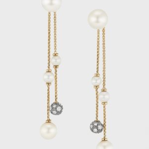 Pearl and Pave Two Row Drop Earrings with Diamonds in 18K Gold, 8mm, 2.1"L- sku216500005