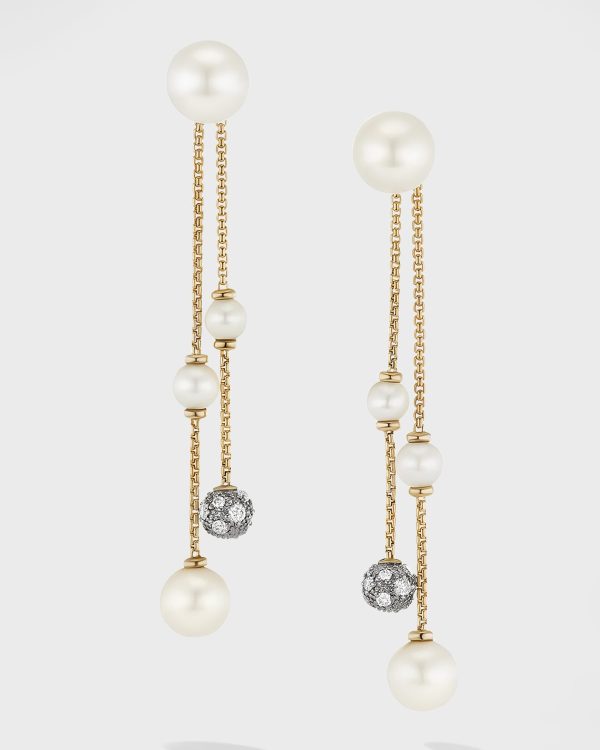 Pearl and Pave Two Row Drop Earrings with Diamonds in 18K Gold, 8mm, 2.1"L- sku216500005