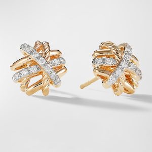Crossover Stud Earrings with Diamonds in 18K Gold, 11mm- sku215660785