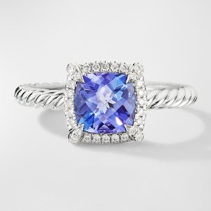 Petite Chatelaine Ring with Gemstone and Diamonds in 18K White Gold, 7mm- sku215671511