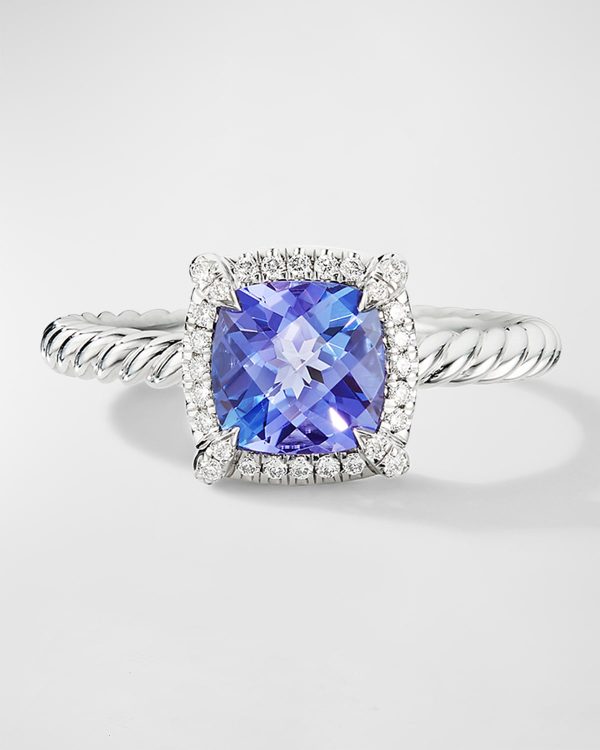 Petite Chatelaine Ring with Gemstone and Diamonds in 18K White Gold, 7mm- sku215660678