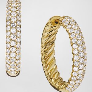 Sculpted Cable Hoop Earrings with Diamonds in 18K Gold, 5mm, 1"L- sku221070137